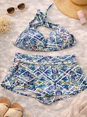 Heat Bikini Set XL NWOT Blue Floral Swim Set Top & Skirted Bottoms